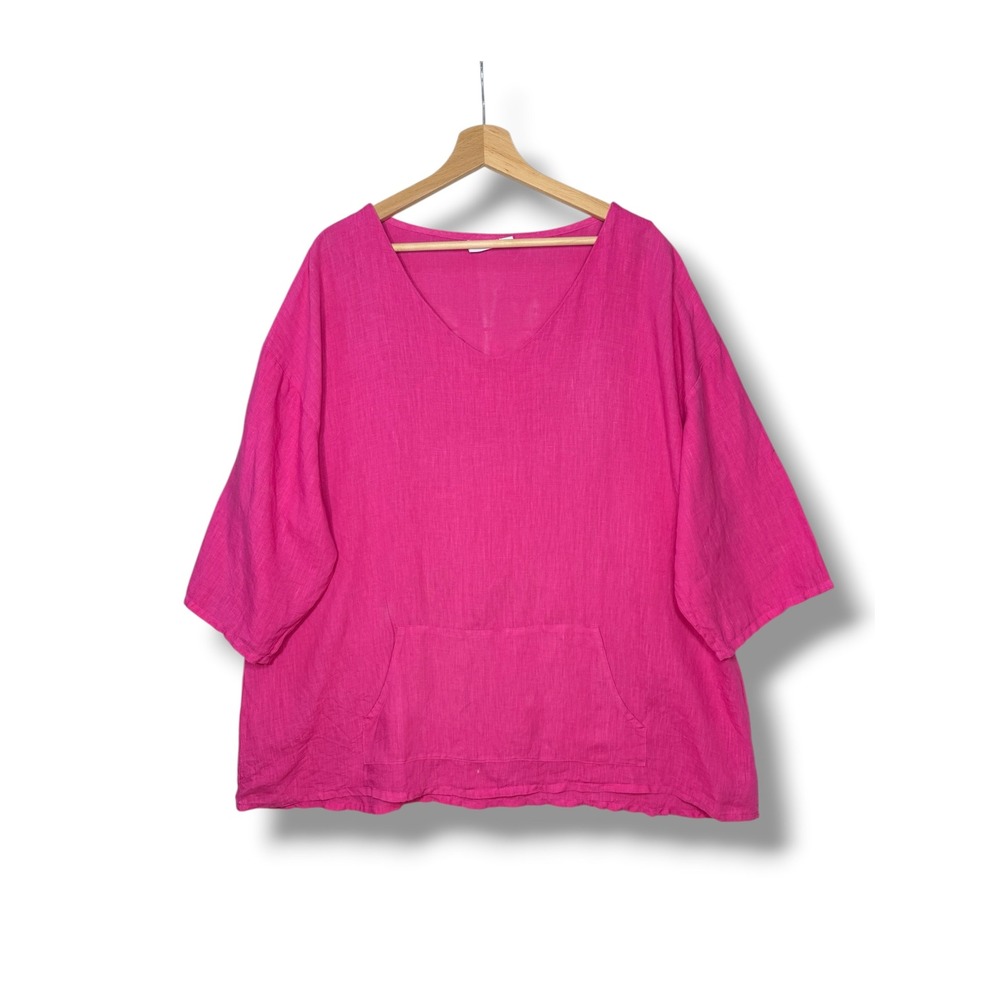 Bryn Walker XL Fuchsia Pink 100% Linen V-Neck Tunic Top Pocket Lagenlook READ
